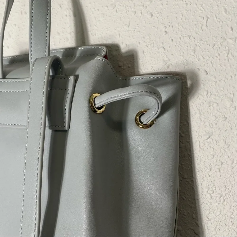 Tura Gray Faux Leather Backpack Shoulder Bag Satchel Drawstring Purse